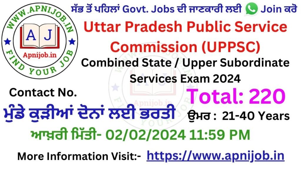 UPPSC PCS Prelims Exam Online Form 2024 (220 Post)